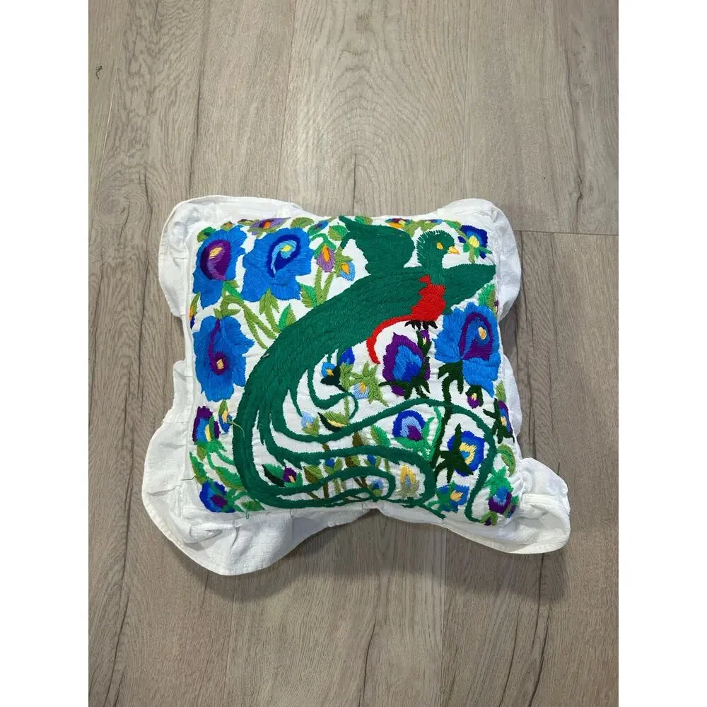 Vintage Handmade Embroidered Peacock Pillow Floral Folk Art Boho Ruffle 16”